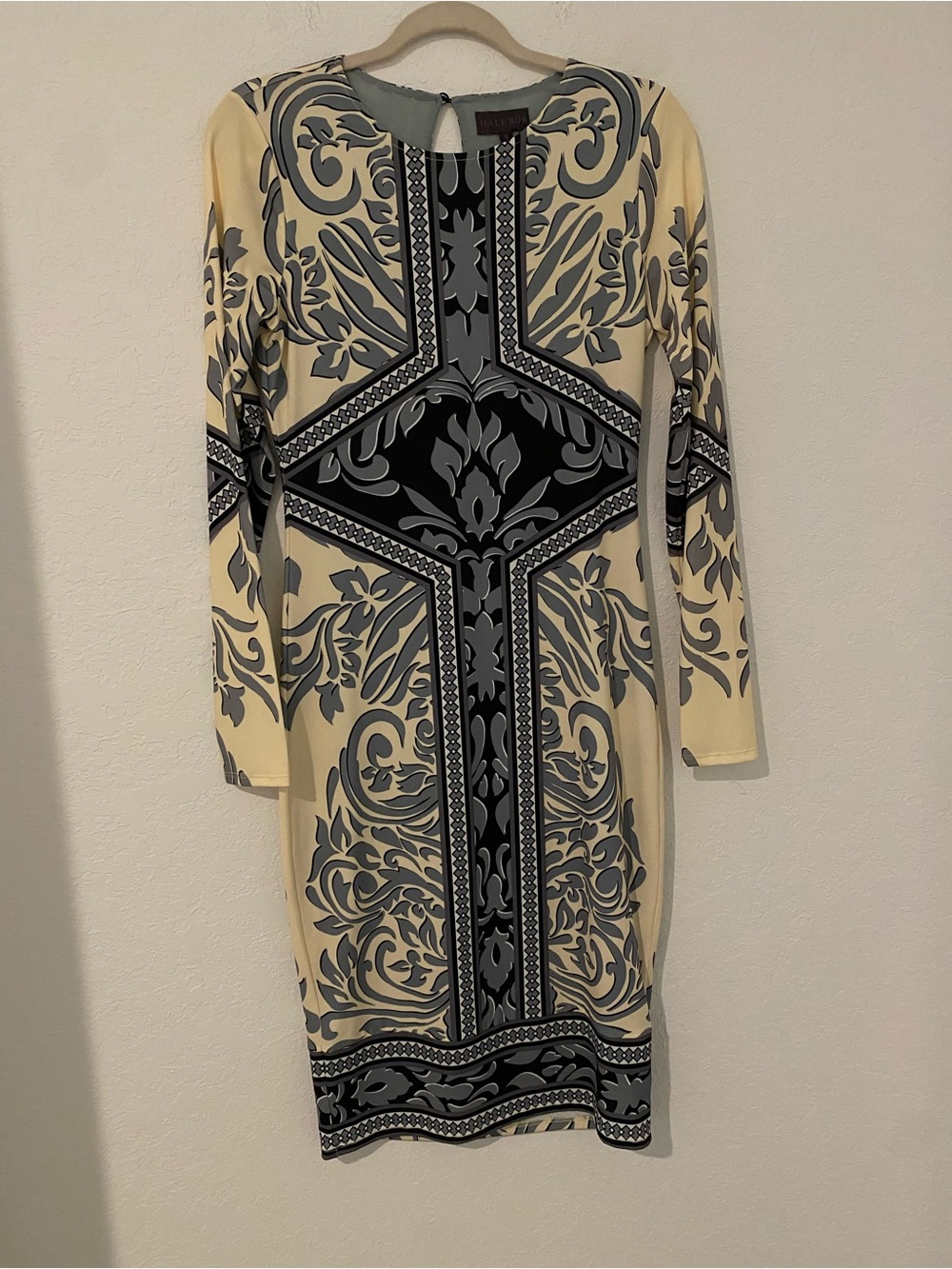 Hale Bob Cream Dress with Gray and Black Baroque Print